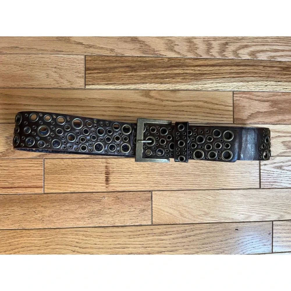 Vintage Y2K Brown Leather Multi Grommet Eyelet Wide Belt Antique Brass Steampunk